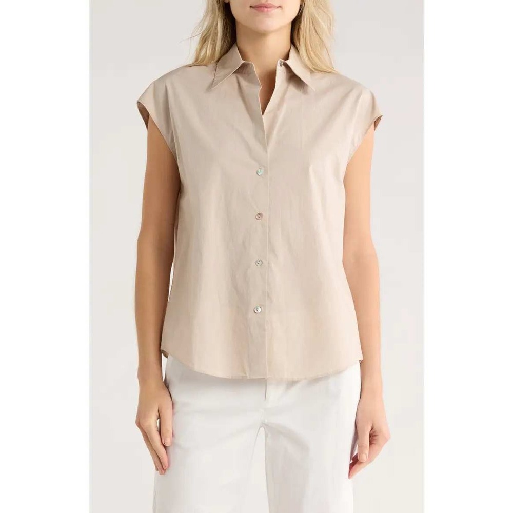 NWT Vince Cap Sleeve Button Down Shirt Womens M Beige Cotton Spread Collar Top